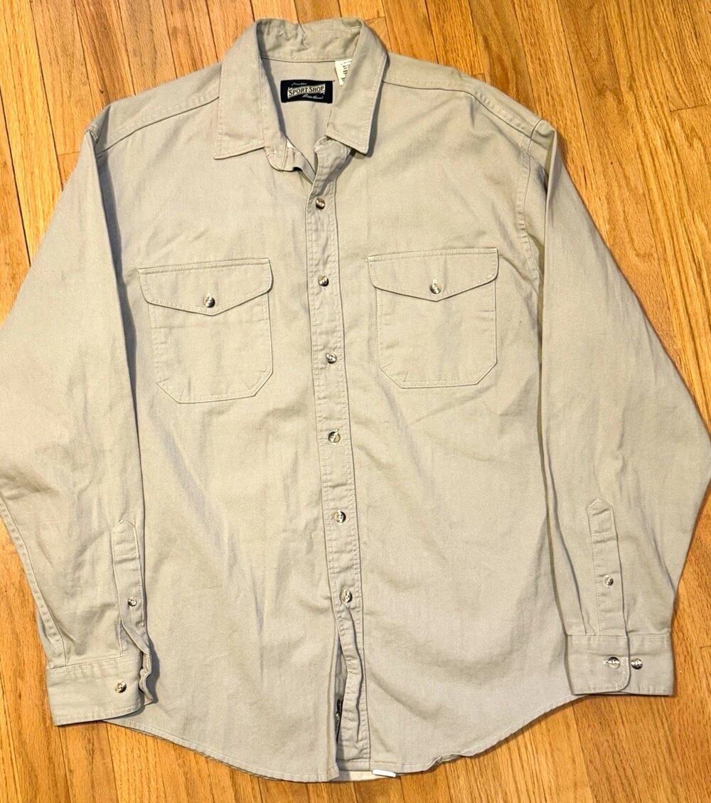 Vintage Eddie Bauer Sport Shop Shirt Large Heavyweight Cotton Twill Khaki USA